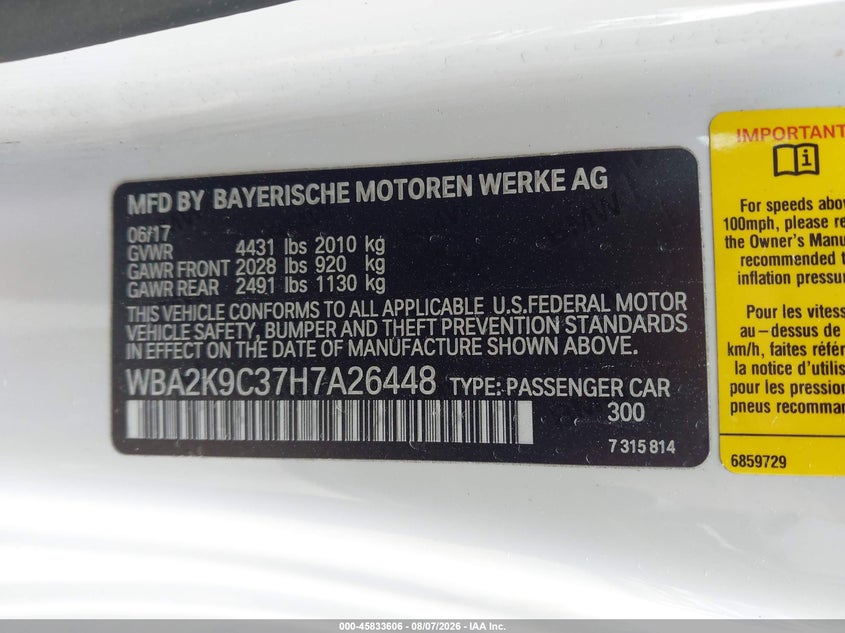 2017 BMW 2 series VIN WBA2K9C37H7A26448 IAAI salvage auction — FRONT END, Clear (Georgia), sold $725 on 2026-08-21 (photo 9)