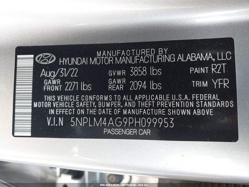2023 Hyundai Elantra VIN 5NPLM4AG9PH099953 IAAI salvage auction — REAR END, Salvage (California), sold $3,650 on 2026-08-28 (photo 9)