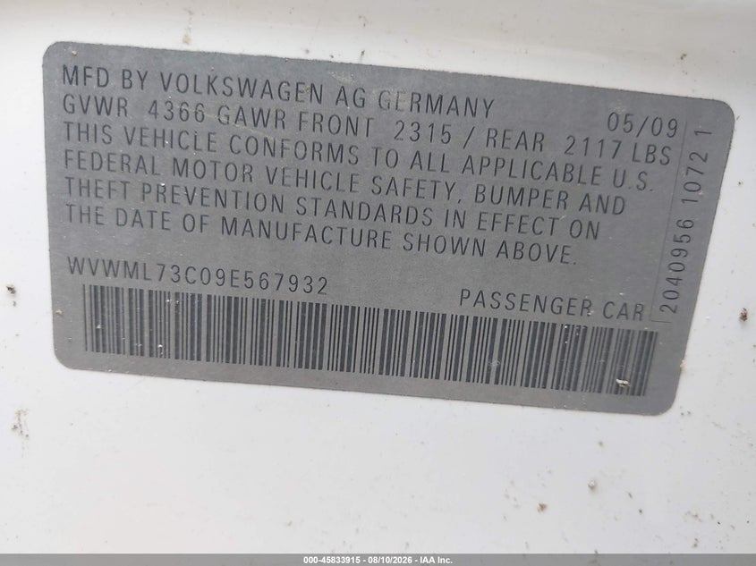 2009 Volkswagen Cc VIN WVWML73C09E567932 IAAI salvage auction — UNKNOWN, Clear (Virginia), sold $300 on 2026-08-13 (photo 9)