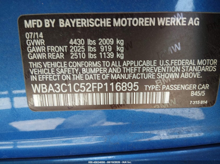 2015 BMW 3er VIN WBA3C1C52FP116895 IAAI salvage auction — FRONT END, Salvage (California), sold $2,400 on 2026-08-16 (photo 9)