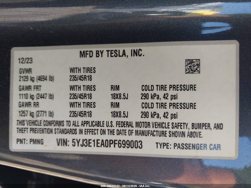 2023 Tesla Model 3 VIN 5YJ3E1EA0PF699003 IAAI salvage auction — REAR END, Salvage Title, sold $6,600 on 2026-08-30 (photo 9)