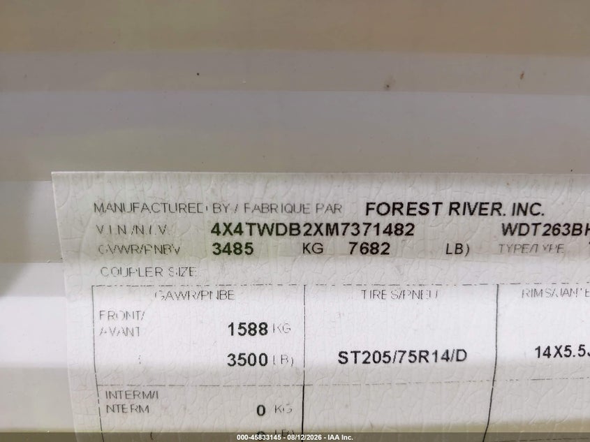 2021 Wildwood Other VIN 4X4TWDB2XM7371482 IAAI salvage auction — FRAME DAMAGE, Salvage (North Carolina), sold $6,350 on 2026-09-09 (photo 9)