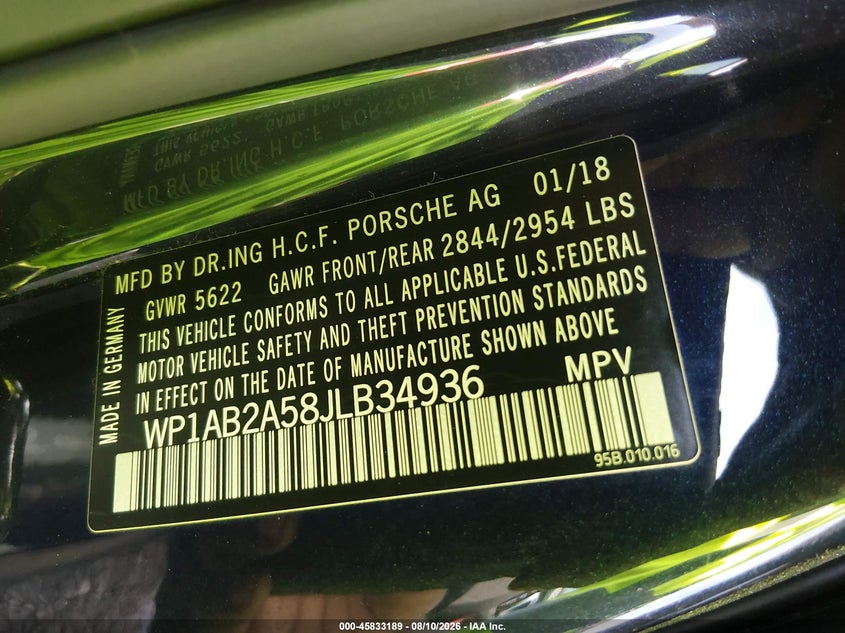 2018 Porsche Macan VIN WP1AB2A58JLB34936 IAAI salvage auction — FRONT END, Salvage Title, sold $7,200 on 2026-09-11 (photo 9)