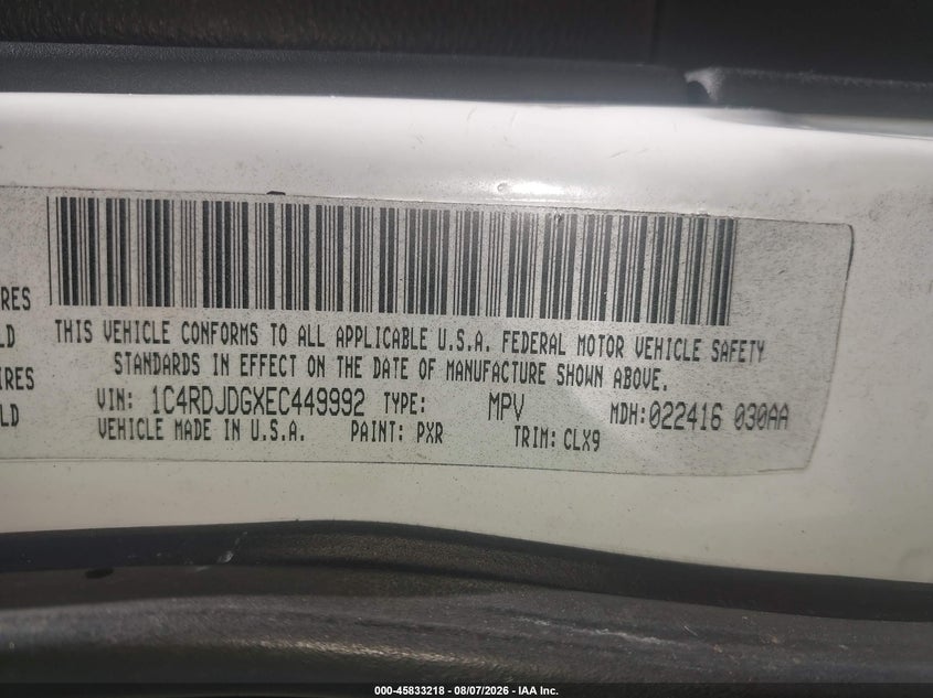 2014 Dodge Durango VIN 1C4RDJDGXEC449992 IAAI salvage auction — FRONT END, Wait Title, sold $925 on 2026-09-10 (photo 9)