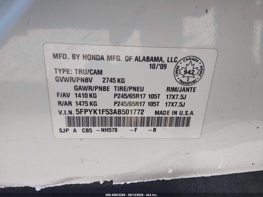 2010 Honda Ridgeline VIN 5FPYK1F53AB501772 IAAI salvage auction — LEFT REAR, Bill Of Sale (Washington), sold $1,300 on 2026-08-29 (photo 9)