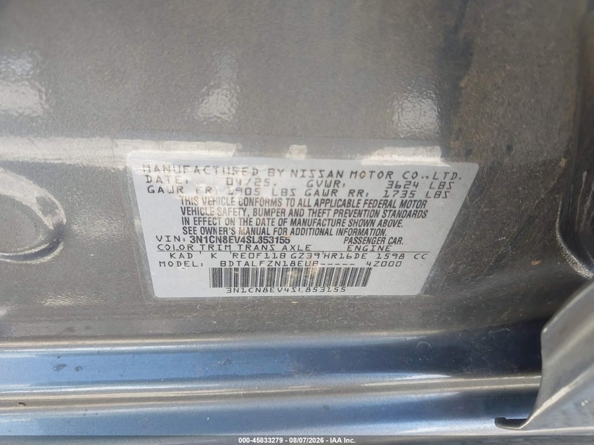 2025 Nissan Versa VIN 3N1CN8EV4SL853155 IAAI salvage auction — FRONT END, Salvage Title, sold $11,525 on 2026-08-12 (photo 9)
