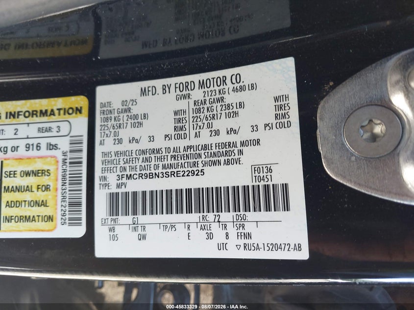 2025 Ford Bronco sport VIN 3FMCR9BN3SRE22925 IAAI salvage auction — LEFT REAR, Salvage Title, sold $13,700 on 2026-08-19 (photo 9)