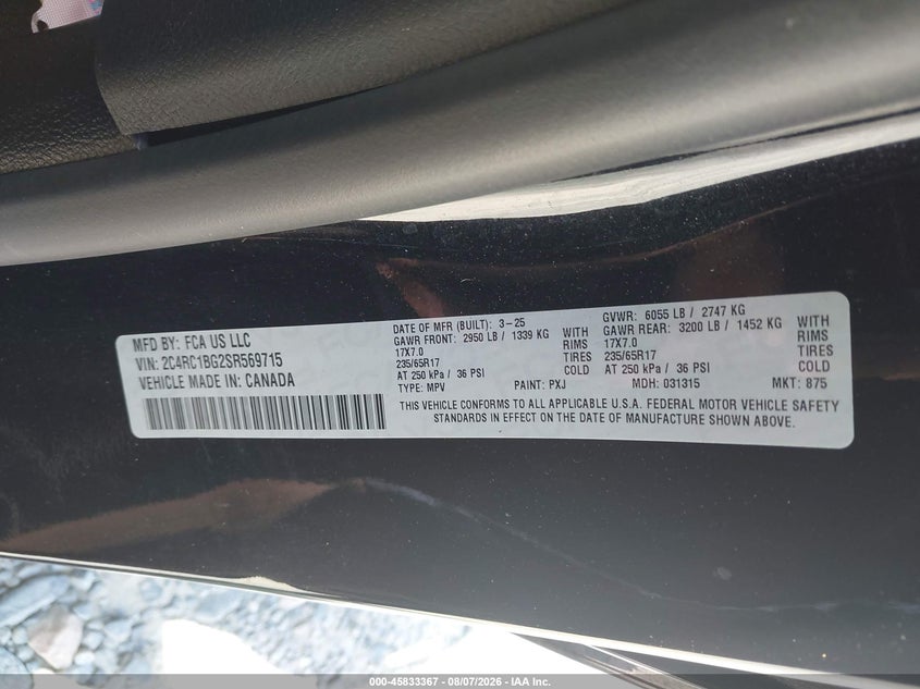 2025 Chrysler Pacifica VIN 2C4RC1BG2SR569715 IAAI salvage auction — LEFT SIDE, Enterprise Vehicles Clear Only (Florida), sold $13,225 on 2026-08-19 (photo 9)