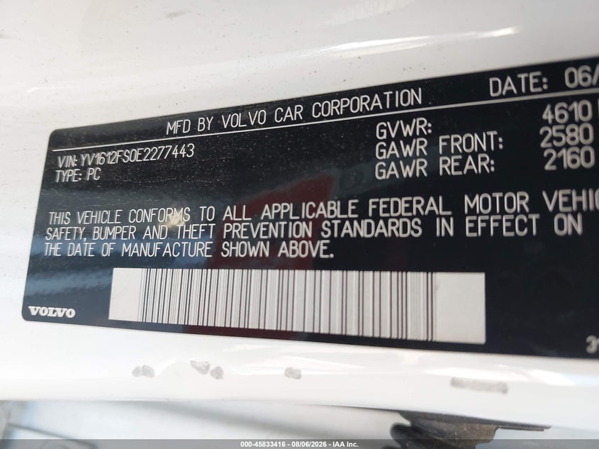 2014 Volvo S60 VIN YV1612FS0E2277443 IAAI salvage auction — NORMAL WEAR, Salvage Title, sold $400 on 2026-08-12 (photo 9)