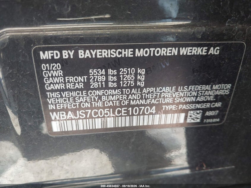 2020 BMW 5er VIN WBAJS7C05LCE10704 IAAI salvage auction — RIGHT SIDE, Salvage (Ohio), sold $16,600 on 2026-08-25 (photo 9)