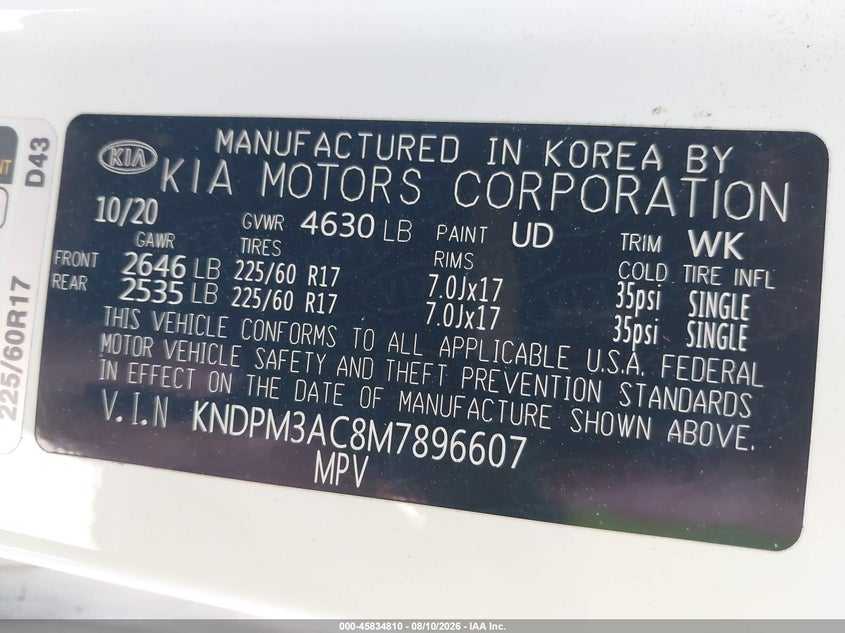 2021 Kia Sportage VIN KNDPM3AC8M7896607 IAAI salvage auction — RIGHT FRONT, Salvage Title, sold $3,550 on 2026-09-16 (photo 9)