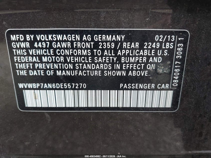 2013 Volkswagen Cc VIN WVWBP7AN6DE557270 IAAI salvage auction — NORMAL WEAR, Clear (District Of Columbia), sold $1,250 on 2026-08-26 (photo 9)