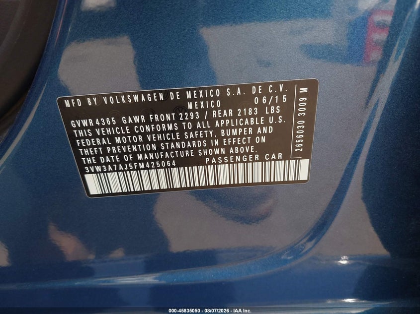 2015 Volkswagen Jetta VIN 3VW3A7AJ5FM425064 IAAI salvage auction — REAR END, Salvage Certificate (California), sold $1,200 on 2026-08-20 (photo 9)