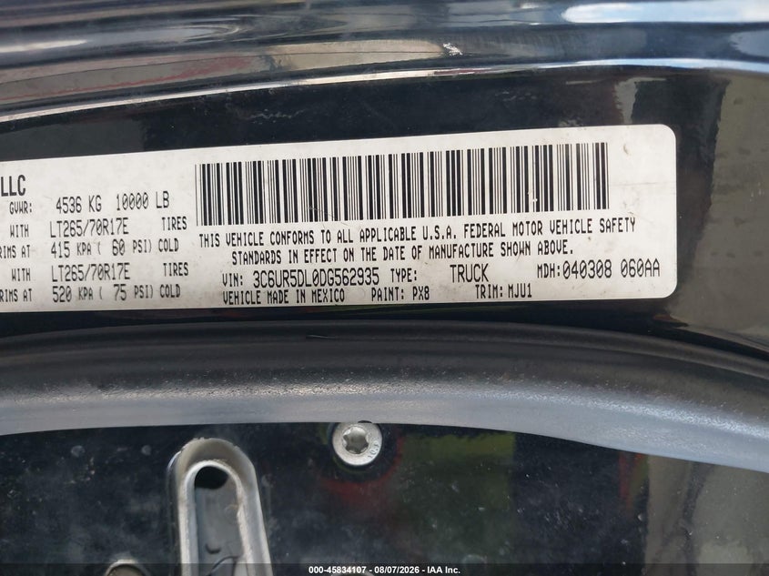 2013 Ram 2500 VIN 3C6UR5DL0DG562935 IAAI salvage auction — RIGHT SIDE, Clear (Florida), sold $18,000 on 2026-08-23 (photo 9)