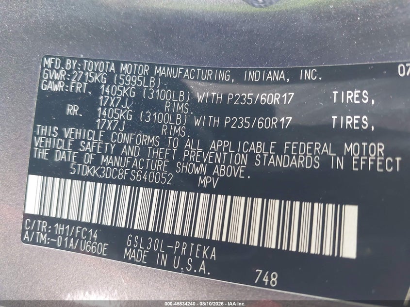 2015 Toyota Sienna VIN 5TDKK3DC8FS640052 IAAI salvage auction — FRONT END, Rebuildable (Florida), sold $2,875 on 2026-08-24 (photo 9)