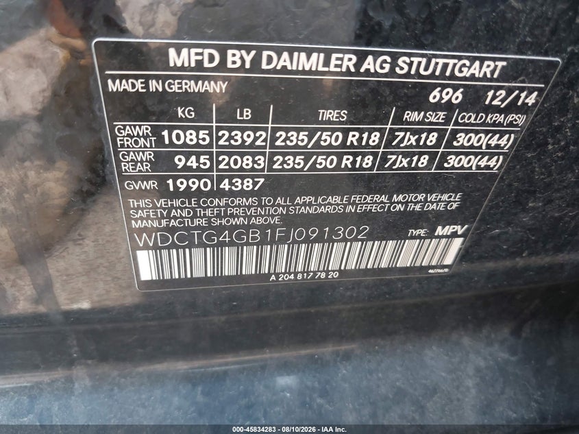 2015 Mercedes-benz Gla-klasse VIN WDCTG4GB1FJ091302 IAAI salvage auction — FRONT END, Clear (Indiana), sold $1,350 on 2026-08-19 (photo 9)