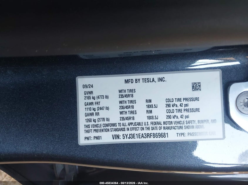 2024 Tesla Model 3 VIN 5YJ3E1EA3RF869681 IAAI salvage auction — ROOF, Salvage Title, sold $9,200 on 2026-09-02 (photo 9)