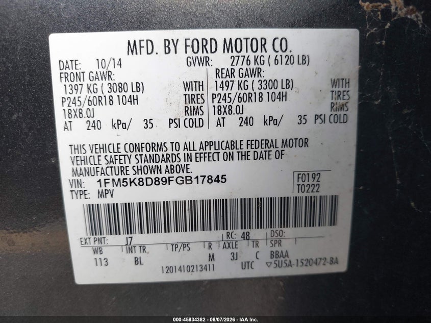 2015 Ford Explorer VIN 1FM5K8D89FGB17845 IAAI salvage auction — NORMAL WEAR, Clear (Michigan), sold $1,025 on 2026-09-06 (photo 9)