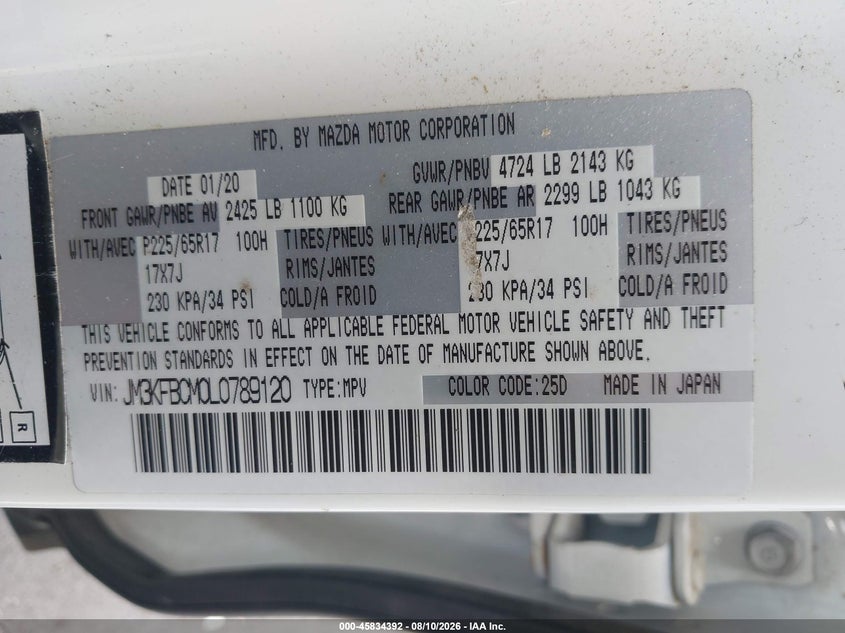 2020 Mazda Cx-5 VIN JM3KFBCM0L0789120 IAAI salvage auction — FRONT & REAR, Salvage (North Carolina), sold $5,250 on 2026-09-07 (photo 9)