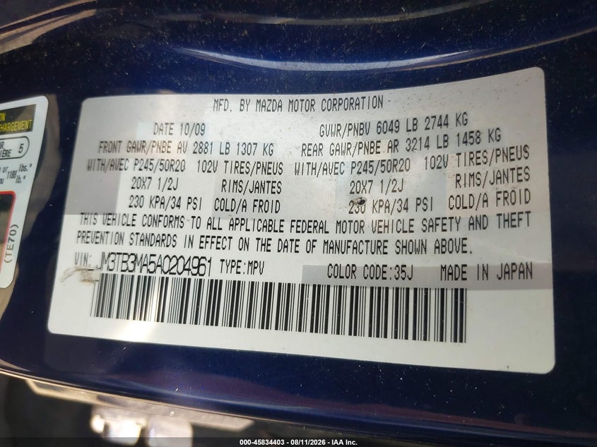 2010 Mazda Cx-9 VIN JM3TB3MA5A0204961 IAAI salvage auction — REAR END, Clear (Virginia), sold $725 on 2026-08-21 (photo 9)