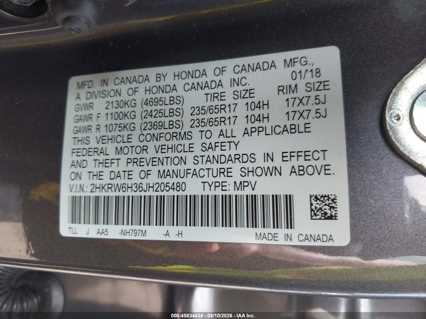 2018 Honda Cr-v VIN 2HKRW6H36JH205480 IAAI salvage auction — REAR END, Salvage - 75% Or Less (Maryland), sold $8,100 on 2026-08-22 (photo 9)