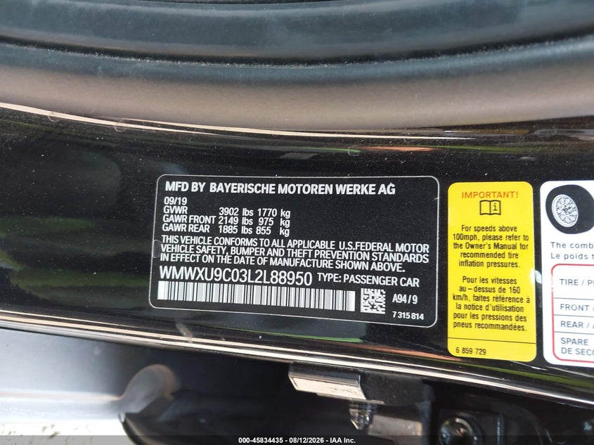 2020 Mini Hard top VIN WMWXU9C03L2L88950 IAAI salvage auction — FRONT END, Wait Title, sold $1,900 on 2026-09-15 (photo 9)