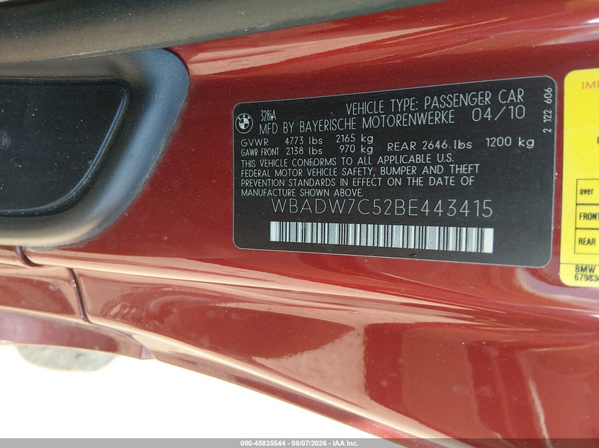 2011 BMW 3 series VIN WBADW7C52BE443415 IAAI salvage auction — NORMAL WEAR, Original (Texas), sold $375 on 2026-08-20 (photo 9)