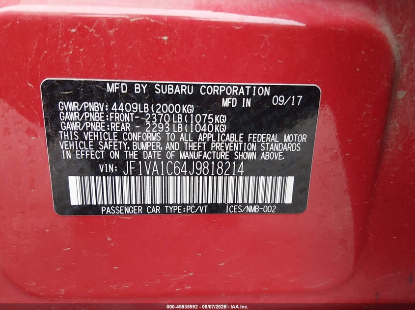 2018 Subaru Wrx VIN JF1VA1C64J9818214 IAAI salvage auction — FRONT END, Salvage Title, sold $7,000 on 2026-08-20 (photo 9)