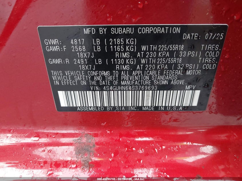 2025 Subaru Xv VIN 4S4GUHN64S3769693 IAAI salvage auction — FRONT END, Salvage (Ohio), sold $10,300 on 2026-09-29 (photo 9)