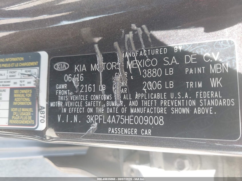 2017 Kia Forte VIN 3KPFL4A75HE009008 IAAI salvage auction — NORMAL WEAR, Clear - Dealer Only (California), sold $625 on 2026-08-20 (photo 9)