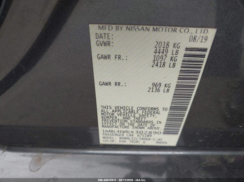 2020 Nissan Altima VIN 1N4BL4EW9LN302890 IAAI salvage auction — FRONT END, Salvage Title, sold $750 on 2026-10-08 (photo 9)
