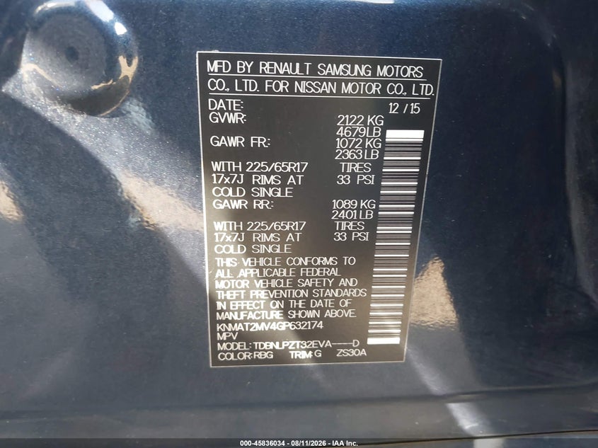 2016 Nissan Rogue VIN KNMAT2MV4GP632174 IAAI salvage auction — FRONT END, Bill Of Sale (Washington), sold $2,050 on 2026-08-21 (photo 9)