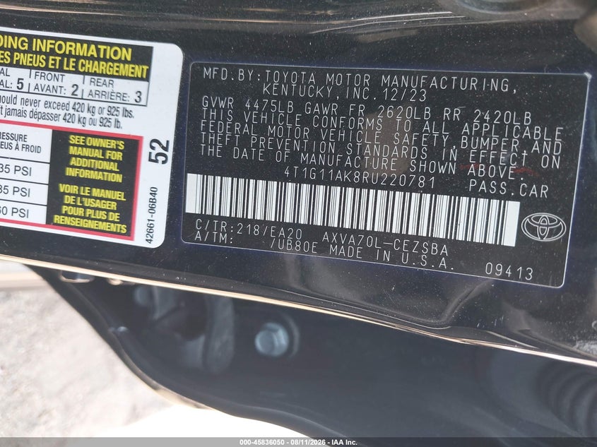2024 Toyota Camry VIN 4T1G11AK8RU220781 IAAI salvage auction — SIDE, Salvage (Tennessee), sold $7,200 on 2026-08-26 (photo 9)