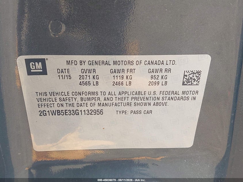 2016 Chevrolet Impala VIN 2G1WB5E33G1132956 IAAI salvage auction — NORMAL WEAR, Salvage Title, sold $525 on 2026-08-23 (photo 9)