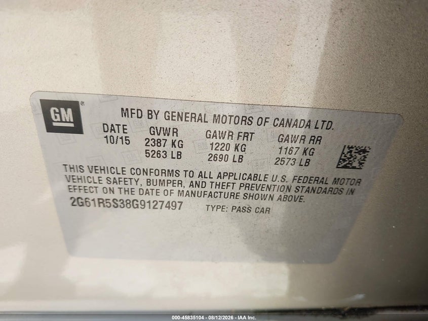 2016 Cadillac Xts VIN 2G61R5S38G9127497 IAAI salvage auction — ROOF, Salvage Title, sold $1,950 on 2026-09-27 (photo 9)
