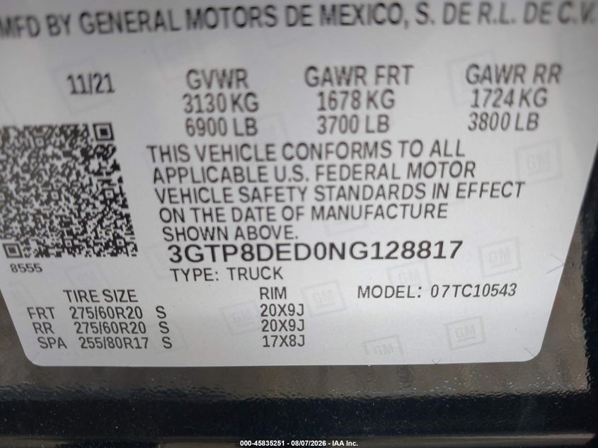 2022 Gmc SIERRA VIN 3GTP8DED0NG128817 IAAI salvage auction — THEFT, Salvage Title, sold $27,500 on 2026-08-31 (photo 9)