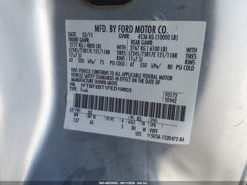 2015 Ford F250 VIN 1FTBF2BT1FED19803 IAAI salvage auction — NORMAL WEAR, SF97 (Oregon), sold $9,100 on 2026-08-26 (photo 9)