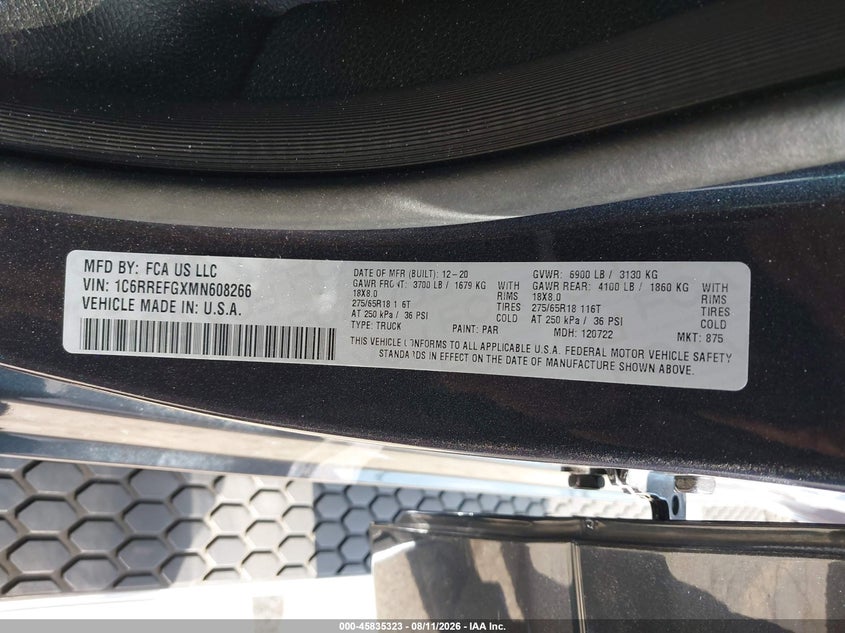 2021 Ram 1500 VIN 1C6RREFGXMN608266 IAAI salvage auction — RIGHT FRONT, Salvage Title, sold $9,175 on 2026-09-08 (photo 9)
