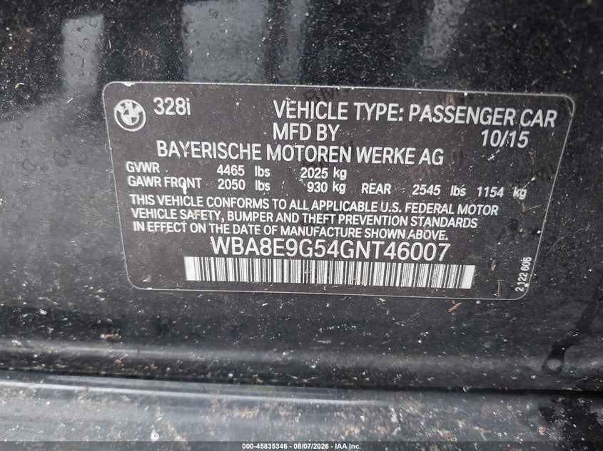 2016 BMW 3er VIN WBA8E9G54GNT46007 IAAI salvage auction — ELECTRICAL, Salvage Title, sold $1,150 on 2026-08-21 (photo 9)