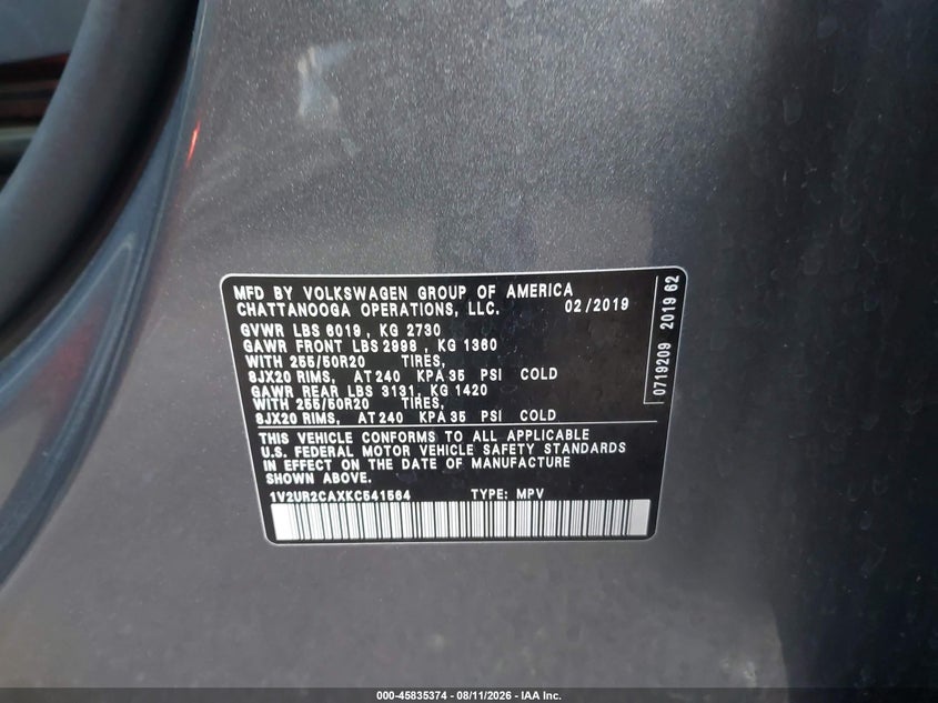 2019 Volkswagen Atlas VIN 1V2UR2CAXKC541564 IAAI salvage auction — LEFT FRONT, Salvage Certificate (California), sold $4,825 on 2026-08-14 (photo 9)