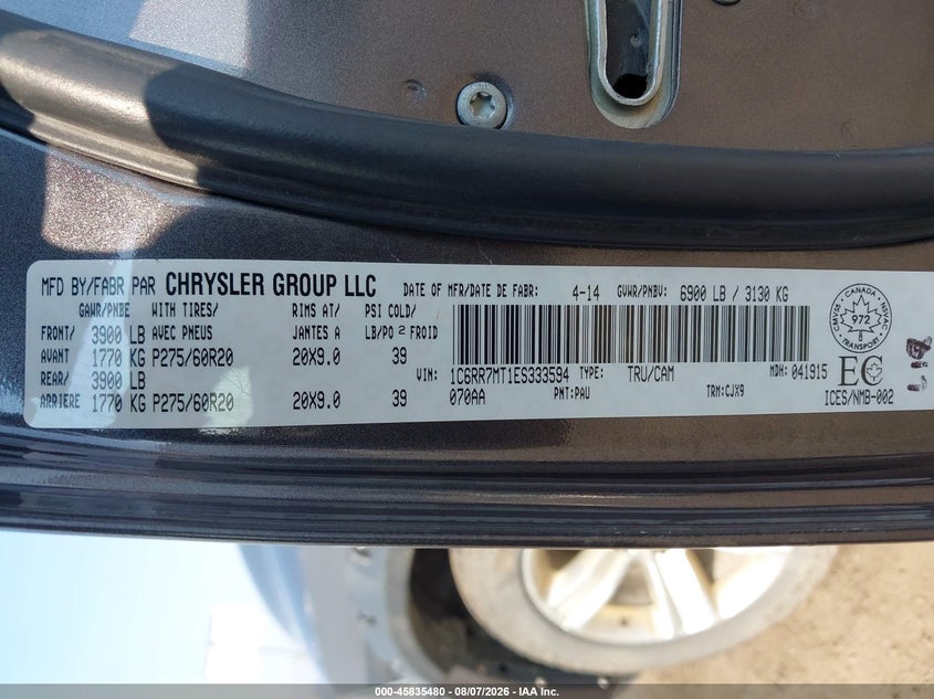 2014 Ram 1500 VIN 1C6RR7MT1ES333594 IAAI salvage auction — REAR END, Bill Of Sale (Washington), sold $1,700 on 2026-08-21 (photo 9)
