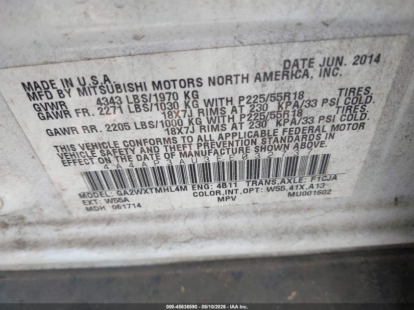 2014 Mitsubishi Outlander VIN 4A4AP3AU3EE032737 IAAI salvage auction — NORMAL WEAR, Repossession Paperwork (South Carolina), sold $450 on 2026-09-07 (photo 9)