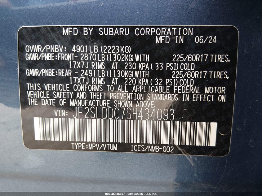 2025 Subaru Forester VIN JF2SLDDC7SH434093 IAAI salvage auction — FRONT END, Clear (Illinois), sold $8,100 on 2026-08-25 (photo 9)