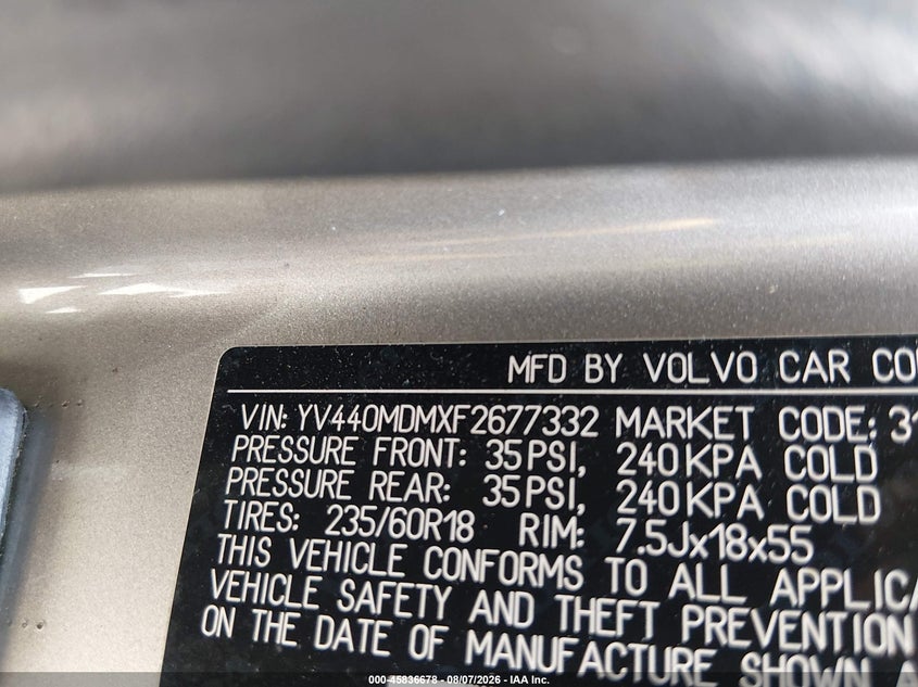 2015 Volvo Xc60 VIN YV440MDMXF2677332 IAAI salvage auction — NORMAL WEAR, Original (Texas), sold $1,150 on 2026-08-17 (photo 9)