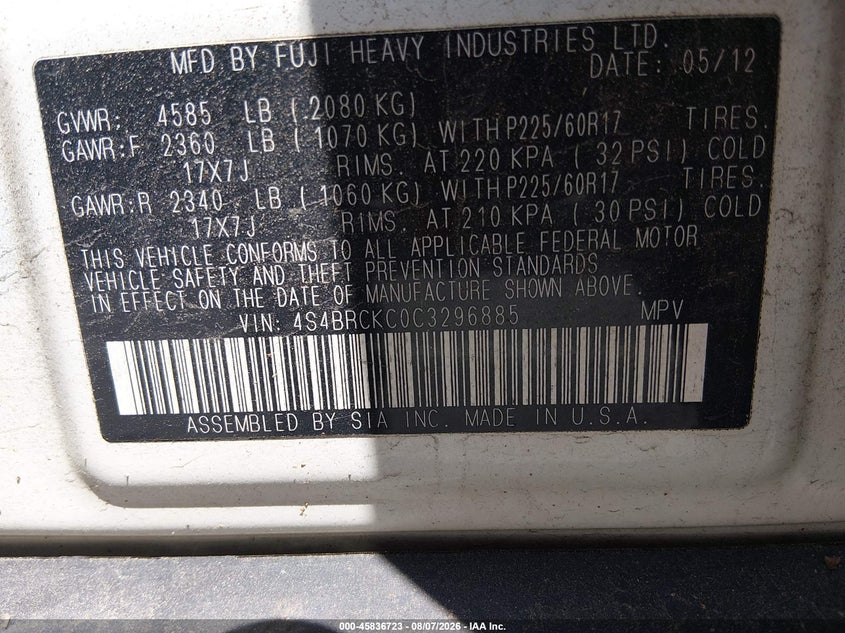 2012 Subaru Outback VIN 4S4BRCKC0C3296885 IAAI salvage auction — NORMAL WEAR, Clear (North Carolina), sold $1,125 on 2026-09-02 (photo 9)