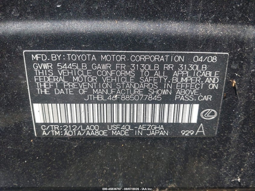 2008 Lexus Ls 460 VIN JTHBL46F885077845 IAAI salvage auction — NORMAL WEAR, Clear (Maryland), sold $1,325 on 2026-09-06 (photo 9)