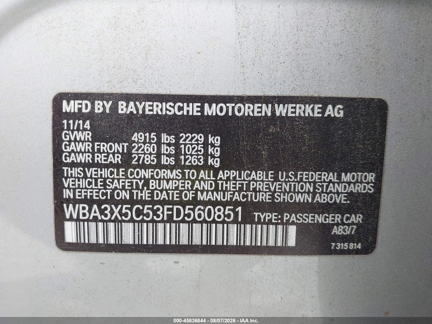 2015 BMW 3er VIN WBA3X5C53FD560851 IAAI salvage auction — NORMAL WEAR, Clear (Virginia), sold $350 on 2026-08-18 (photo 9)