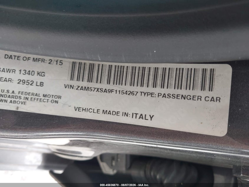 2015 Maserati Ghibli VIN ZAM57XSA9F1154267 IAAI salvage auction — RIGHT FRONT, Salvage Title, sold $2,650 on 2026-09-15 (photo 9)