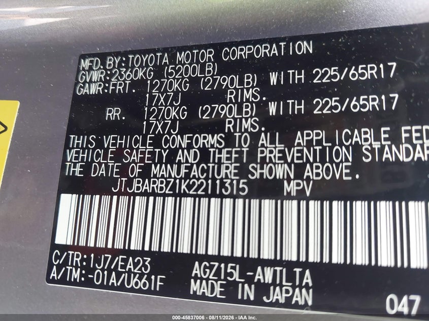 2019 Lexus Nx 300 VIN JTJBARBZ1K2211315 IAAI salvage auction — RIGHT FRONT, Mv-907A (New York), sold $10,450 on 2026-08-18 (photo 9)