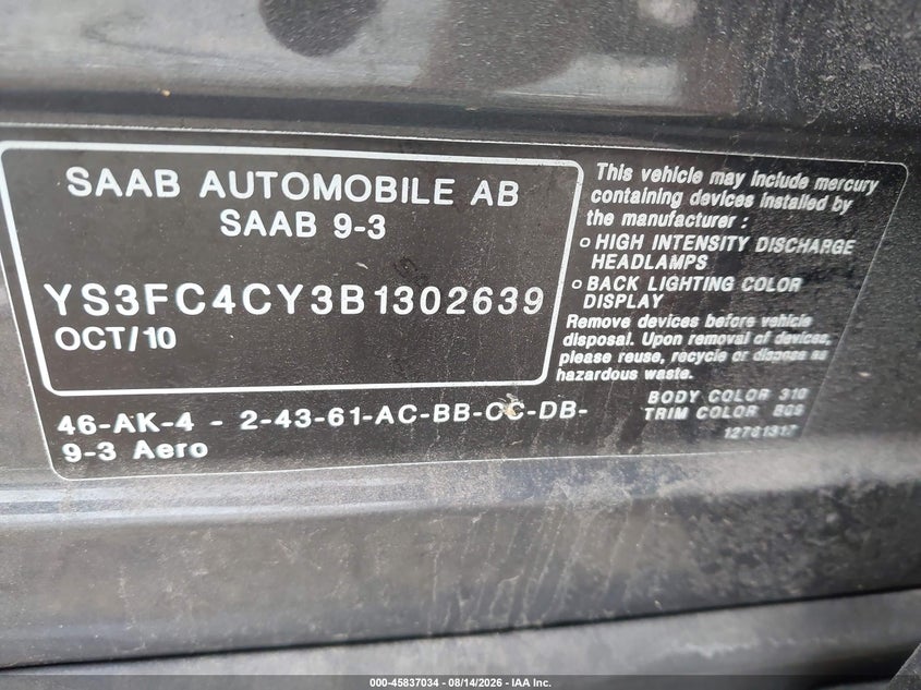 2011 Saab 9-3 VIN YS3FC4CY3B1302639 IAAI salvage auction — UNDERCARRIAGE, Clear (Virginia), sold $250 on 2026-09-21 (photo 9)